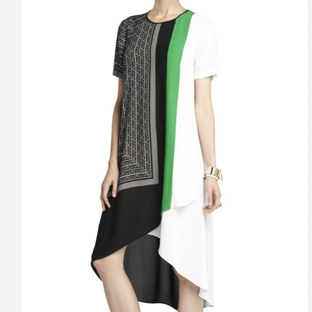 BCBGMaxAzria Asymmetrical Dress in Black, White, and Green